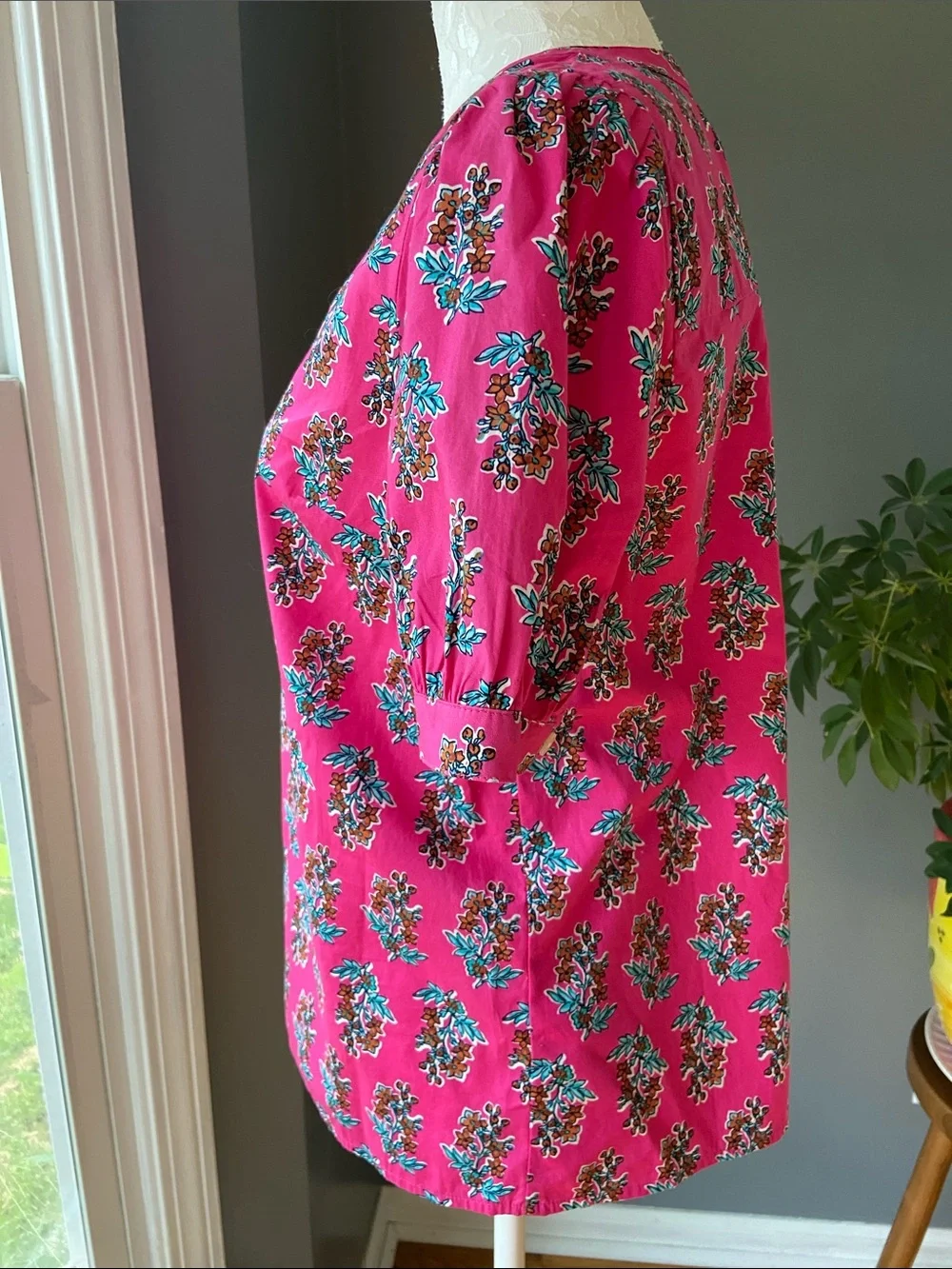 J. Crew Vibrant Pink Floral Split-V Neck Blouse